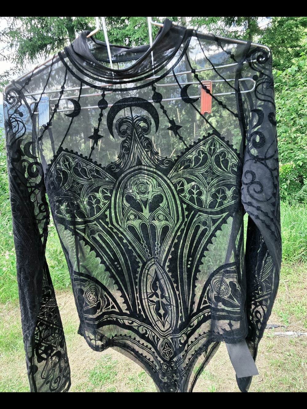 ✨️NWOT✨️ Restyle Black Flocked Velvet Cathedral Mesh Bodysuit - Picture 3 of 3